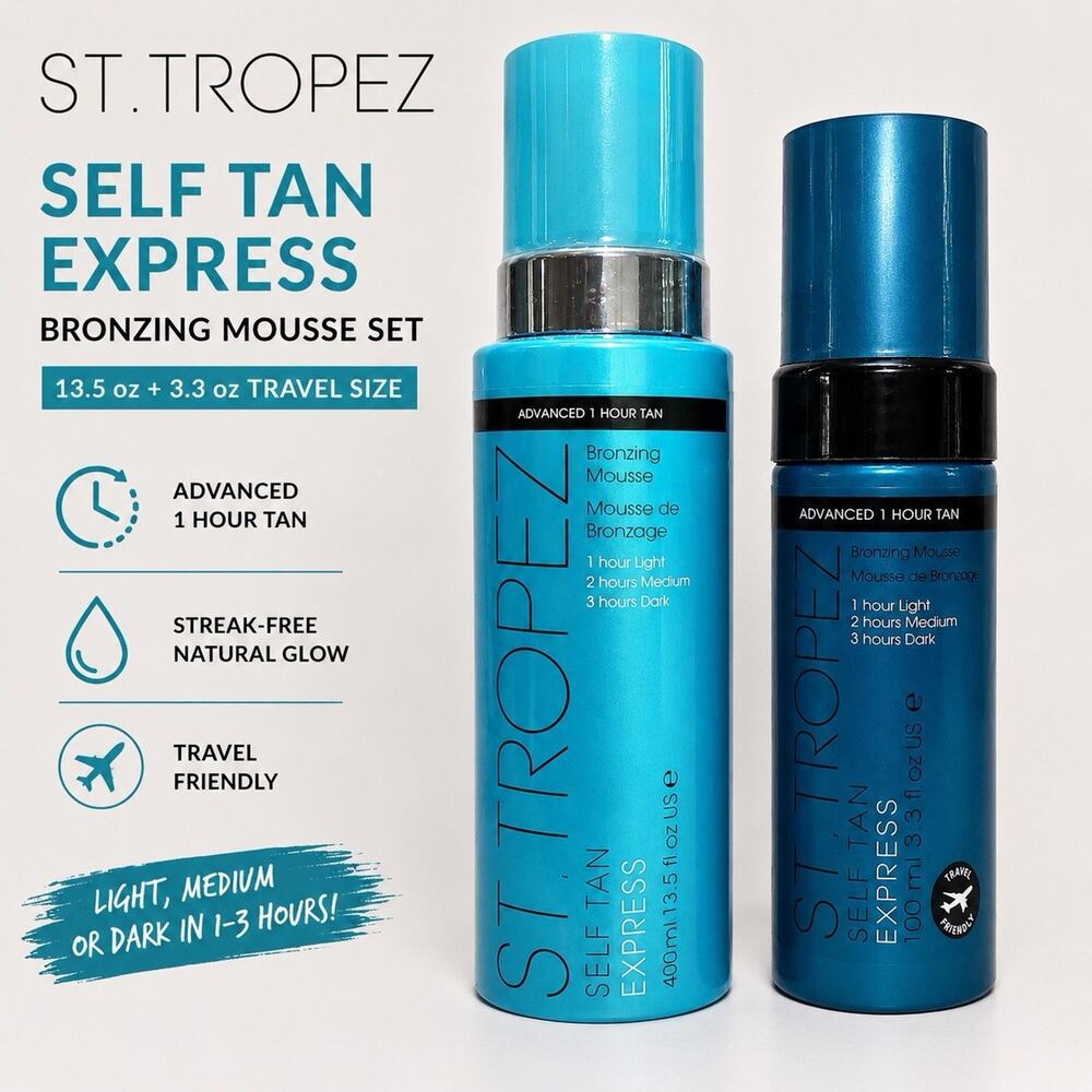 St. Tropez Self Tan Express Bronzing Mousse Set 13.5 oz + 3.3 oz Travel Size NEW